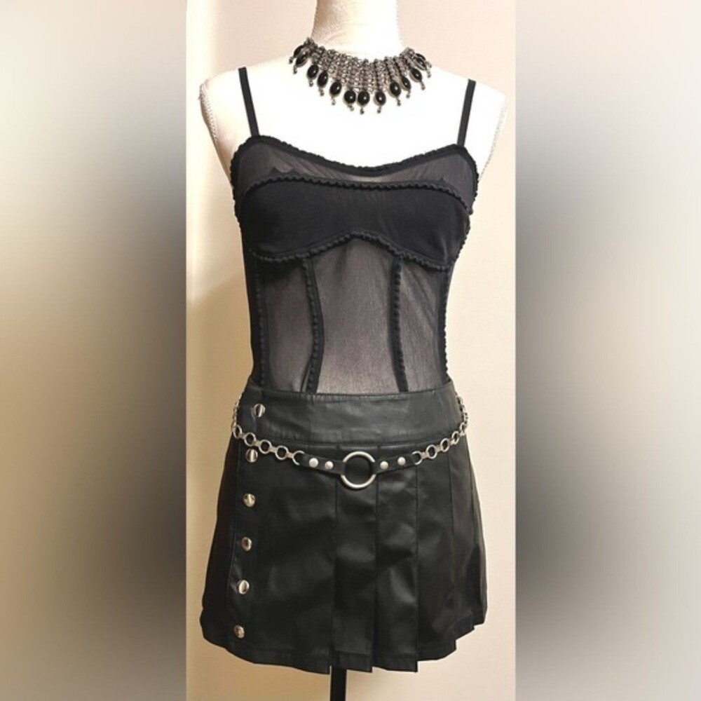 Vintage Y2K Lip Service Black Pleather Skirt Pleated with Buttons SZ Medium